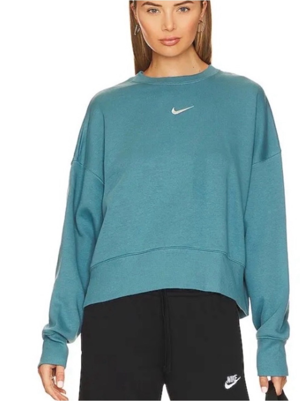 Nike Teal Blue Cropped Sweatshirt with White Swoosh